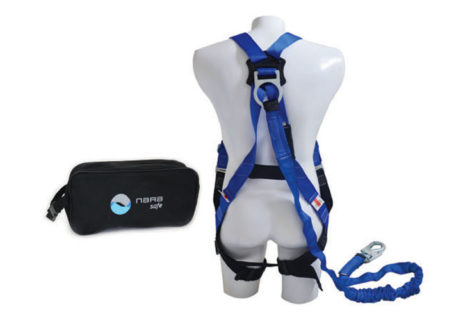 Full body harness, and 6 ft lanyard shock absorber, standard size and bag.