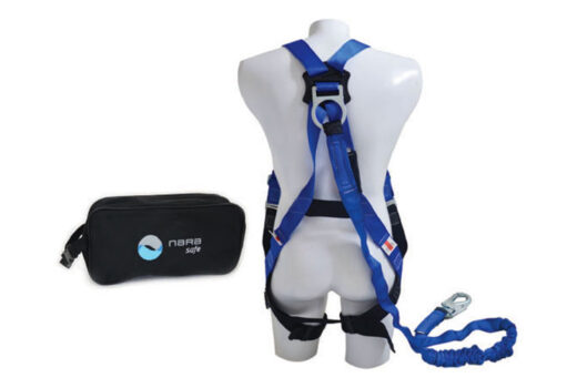 Full body harness, and 6 ft lanyard shock absorber, standard size and bag.